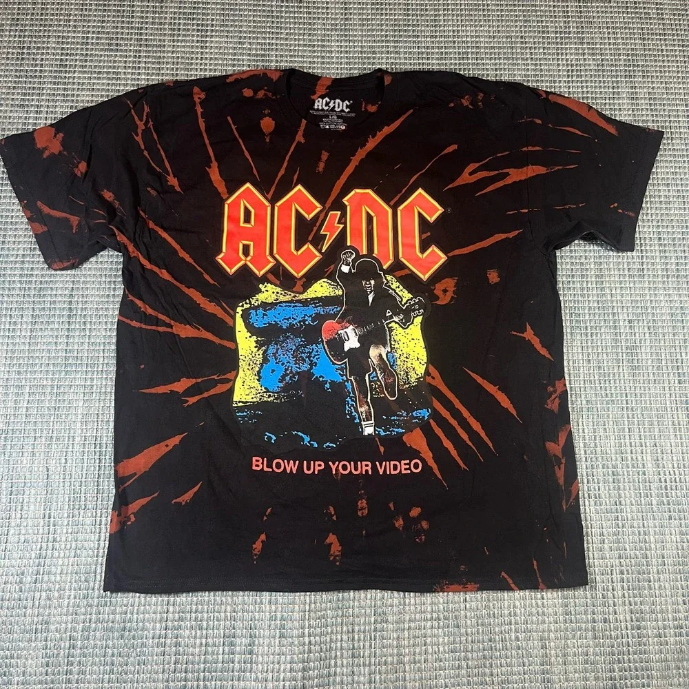 AC/DC Blow Up Your Video Angus T-Shirt Black Bleach Spray Tie‎ Dye Size Large